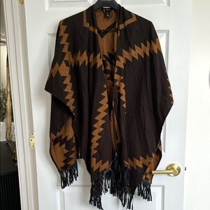 Black and Brown Reversible Geometric Patterned Leather Fringe Shawl